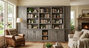 Custom built-in bookcase with shaker style cabinet doors wrapping around a traditional craftsman fireplace.