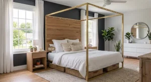 Sturdy canopy bed frame under $500 featuring a built-in wooden headboard and under-bed storage space.
