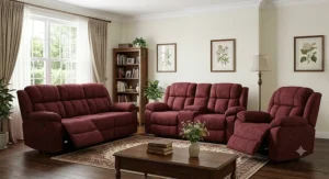 Classic 3-piece reclining living room set including a plush reclining sofa, loveseat, and matching armchair.
