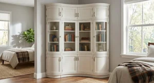 Space-saving corner bookcase with double doors and glass panels maximizing storage in a bedroom.