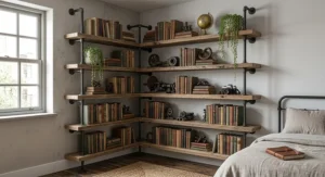 Corner industrial bookshelf designed to maximize storage space in a small bedroom.