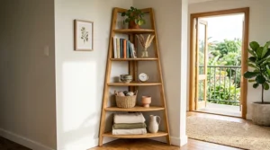 A compact corner ladder shelf designed to maximize vertical storage in a small apartment corner.