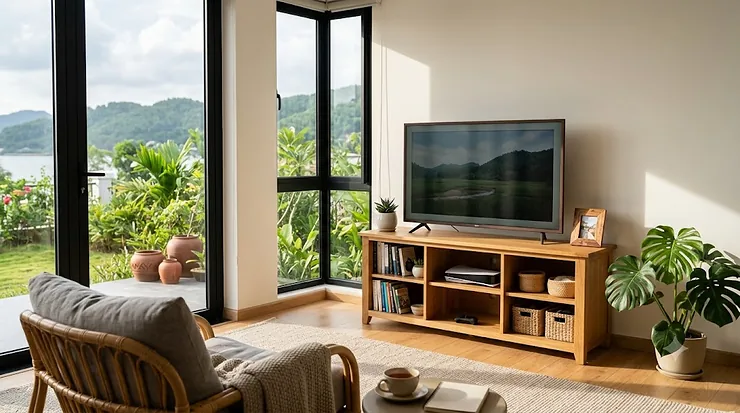 A sleek wood corner tv stand styled in a contemporary living room with a flat screen television mounted above it and minimal decor.