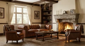 Cozy traditional living room furniture set with a brown leather sofa, matching armchairs, and a rustic stone fireplace.