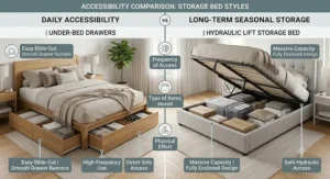 Infographic showing daily item accessibility in under-bed drawers versus long-term seasonal storage in a hydraulic lift storage bed frame.