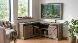 Rustic farmhouse corner tv stand with sliding barn doors and weathered wood finish.