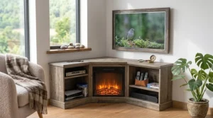Cozy electric fireplace corner tv stand emitting warm light with open shelving for media components.