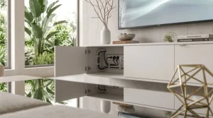Close-up of a sleek white floating tv shelf cabinet door with integrated internal cable routing access panels.
