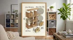 An elegant dark wood cube storage organizer used as a home office bookshelf, holding binders, document organizers, and tech accessories.