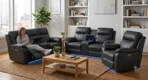 High-end home theater style reclining living room set with integrated ambient lighting and motor controls.