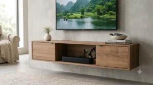 Diagram showing how to mount a wooden floating tv console to wall studs safely using a spirit level and brackets.
