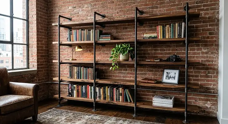 Industrial bookshelf made of dark walnut wood and black iron metal pipes against a brick wall.
