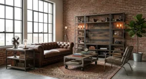 Industrial style living room furniture set with a distressed leather couch, metal-frame bookshelves, and an exposed brick accent wall.