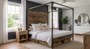 Industrial style metal and wood canopy bed frame under $500 in a loft-inspired bedroom setting.