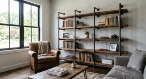 Five tier industrial pipe bookcase with rustic wooden shelves in a modern American living room setup.
