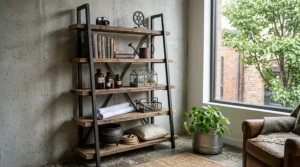 An industrial-style ladder shelf featuring dark iron metal framing and rustic reclaimed wood tiers.