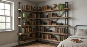 Industrial style bookshelf showcasing distressed wood finishes and architectural metal X-bracing on the back.