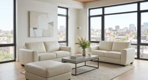 High end Italian leather living room set in cream white with a matching oversized leather ottoman.