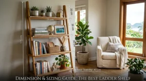 A clean blueprint illustration showing the standard height, depth, and tier spacing dimensions for finding the best ladder shelf.