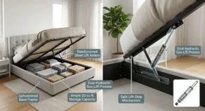 Illustration showing the hydraulic gas-lift mechanism and open under-mattress storage compartment of a lift-up storage bed frame.