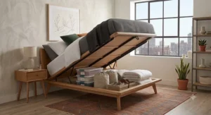 Hydraulic lift-up storage platform bed frame showing spacious hidden storage area underneath