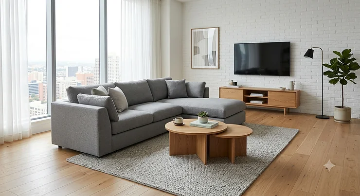 Modern living room furniture set featuring a gray sectional sofa and round wooden coffee table in a bright, minimalist apartment.