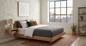 Low profile platform bed frame designed to make small rooms feel larger and more open