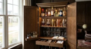 An elegant dry bar cabinet crafted from dark oak, showcasing organized liquor bottles, decanters, and cocktail shaker sets.
