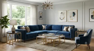 Luxury living room furniture set with a high-end velvet sectional sofa, marble-topped side tables, and elegant gold accents.