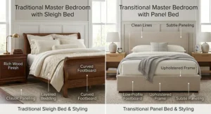 Interior design comparison illustrating traditional master bedroom decor with a sleigh bed versus transitional panel bed styling.