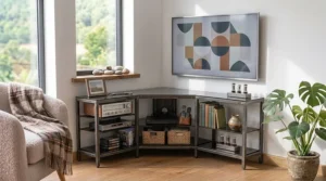 Industrial style corner tv stand made of black metal frame and dark glass shelves holding electronics.