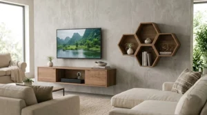 Mid-century modern floating television stand featuring clean walnut wood tones and asymmetrical storage cubbies.