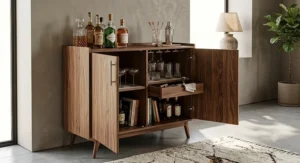A mid-century modern bar cabinet made of rich walnut wood, featuring tapered legs and storage for spirits and glassware.