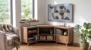 Mid century modern corner tv stand with tapered legs and warm acorn wood tones supporting a smart TV.