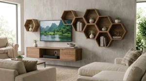 Styled mid-century floating media center showcasing decorative geometric honeycomb wall shelves and books.