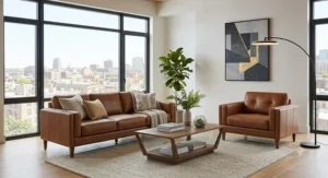 Mid century modern leather living room set with tapered legs, including a caramel colored couch and accent chair.