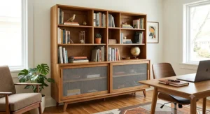 Mid-century modern oak bookcase with sliding mesh doors in a brightly lit home office.