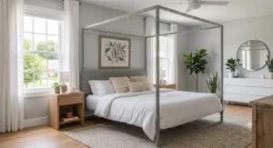 Minimalist king canopy bed frame under $500 with clean steel lines in a contemporary master bedroom.