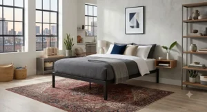 Minimalist black metal platform bed frame styled in a studio apartment layout