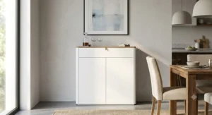 A minimalist white bar cabinet standing against a dining room wall, offering clean lines and hidden storage for wine and spirits.