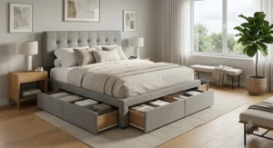 Stylized American master bedroom design featuring a upholstered storage bed frame with seamlessly integrated under-bed drawers.