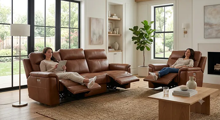 Modern brown leather reclining living room set featuring a power motion sofa and matching armchair in a spacious home.