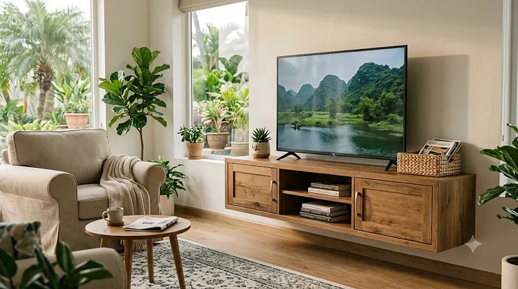 Modern minimalist floating tv stand in white wood mounted beneath a flat-screen television in a bright living room.