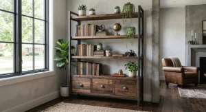 Modern industrial bookshelf holding books and indoor plants in a bright home office.