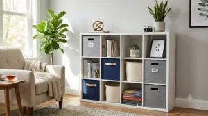 A modern white 12-cube storage organizer styled with books, decorative plants, and fabric bins in a bright living room.