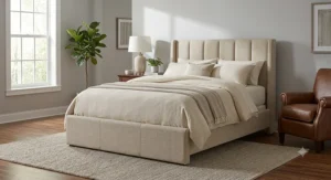 Contemporary upholstered panel bed frame with a straight headboard styled in a master bedroom suite.
