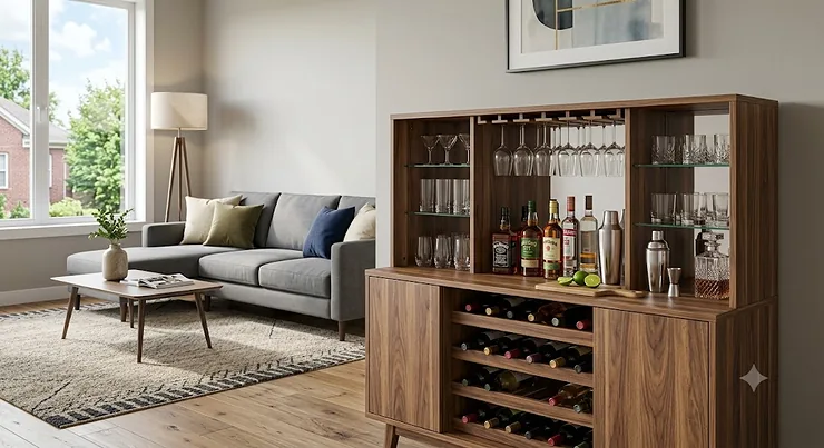 A modern wood bar cabinet with built-in wine racks and glass shelves, styled in a contemporary American living room.