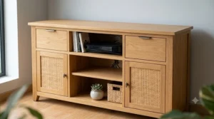 Modern natural wood corner tv stand featuring spacious cabinets and media console storage drawers.