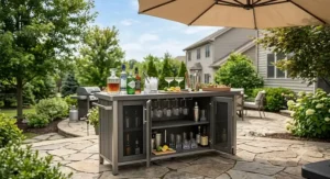 A weatherproof outdoor bar cabinet on a suburban backyard patio, styled for summer entertaining with drinks and glassware.