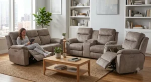 Plush microfiber reclining living room set featuring dual recliners and a central storage console.